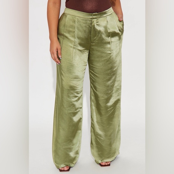 Pants - Fashion Nova Olive Green Wide-Leg Satin Pants